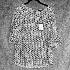 Adrianna Papell Black White Floral Double Bell Cuff Sleeve Top NWT